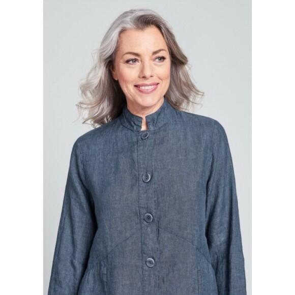 FLAX Designs Large 100% Linen Lagenlook Globetrotter Button Up Jacket Dark Denim - Picture 11 of 11